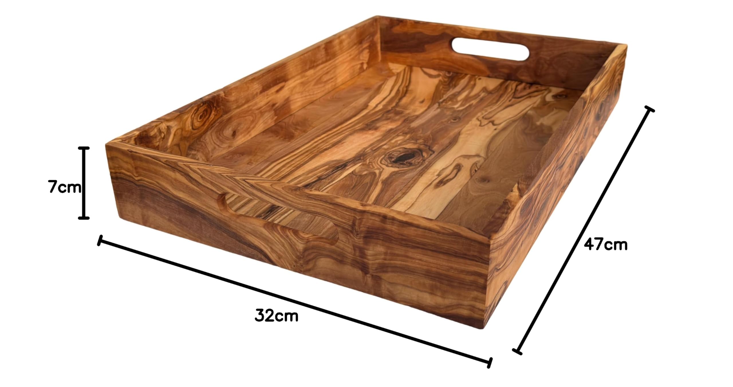 Plateau de service avec 2 poignées « My Home » - 47 x 32 x 7 cm - Plateau rectangulaire en bois d'olivier fait à la main