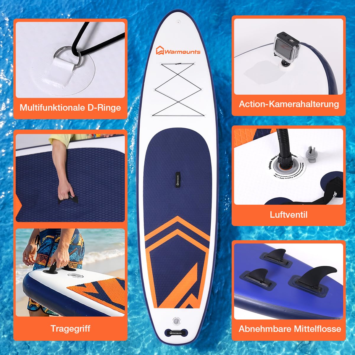 Warmounts 350cm Aufblasbares SUP Board, 86cm Breit Stand Up Paddle für Anfänger & Erwachsene, Allround Paddleboard mit Verstellbarem Paddel, Kamerahalterung, Pumpe und Rucksack, 190 kg