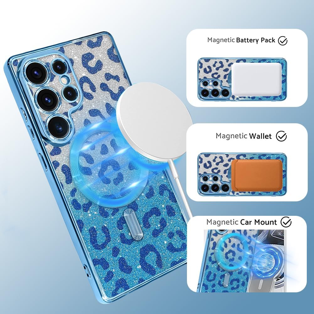 Case Fit for Samsung Galaxy S26 Ultra 6.9 Inch [Compatible with MagSafe] Glitter Bling Case [2 Pieces of Leopard Print Design] Soft TPU Shockproof Anti-Scratch Phone Cover for Women - Blue