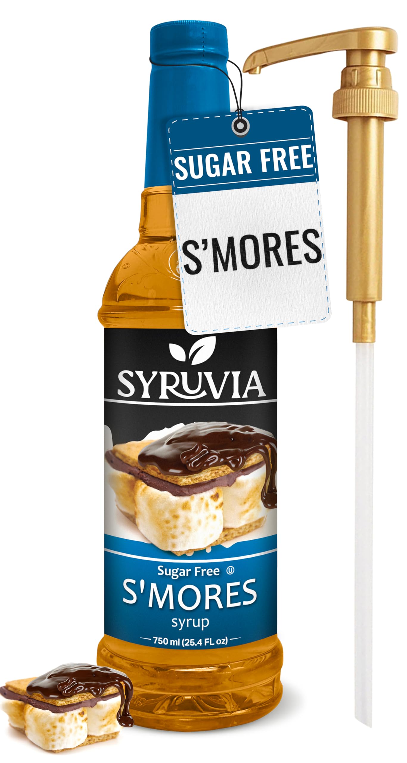 Syruvia Sugar-Free S'mores Coffee Syrup - 25.4 fl oz Premium Coffee Flavoring Syrup - 0 Calorie - Kosher Coffee Syrups, Gluten Free, Perfect for Drinks, Soda, Shakes, and More With Pump