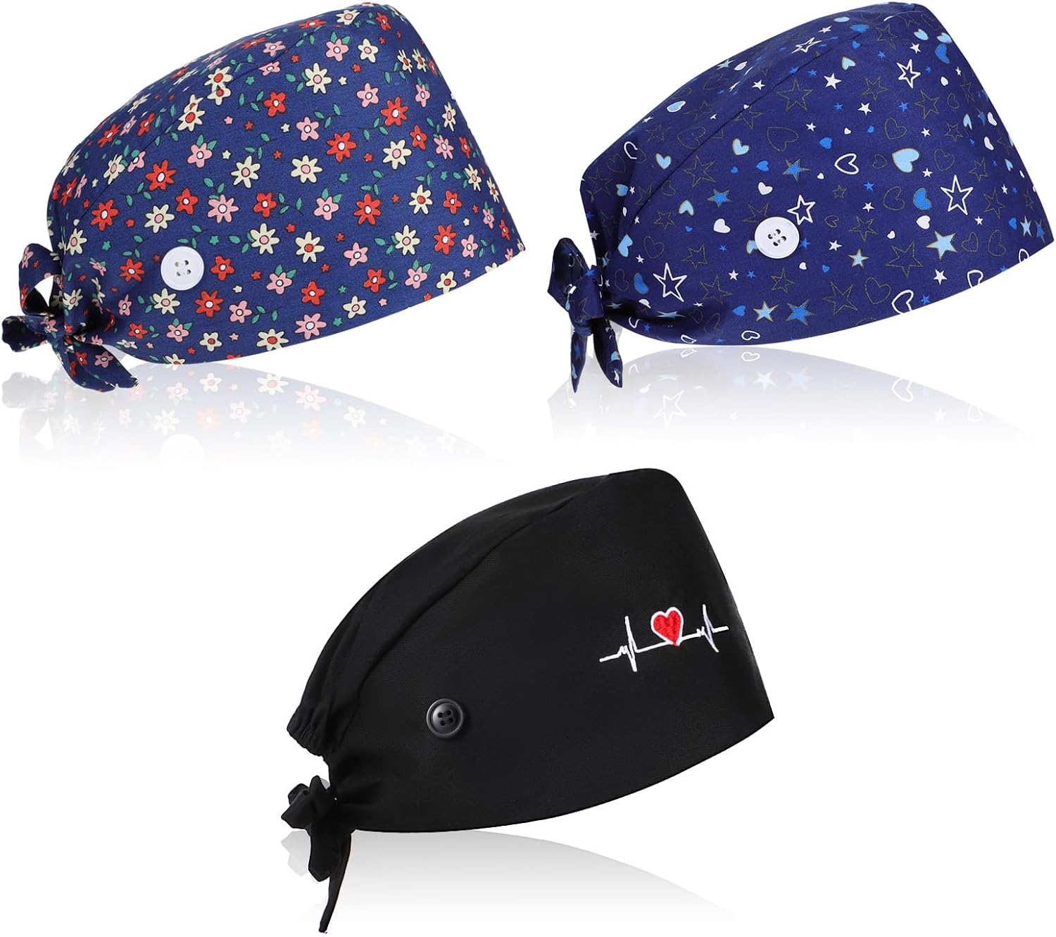 3 Pcs Working Caps Nurse Scrub Hats with Buttons Sweatband Adjustable Elastic Bandage Tie Hats for Women Men Dentist