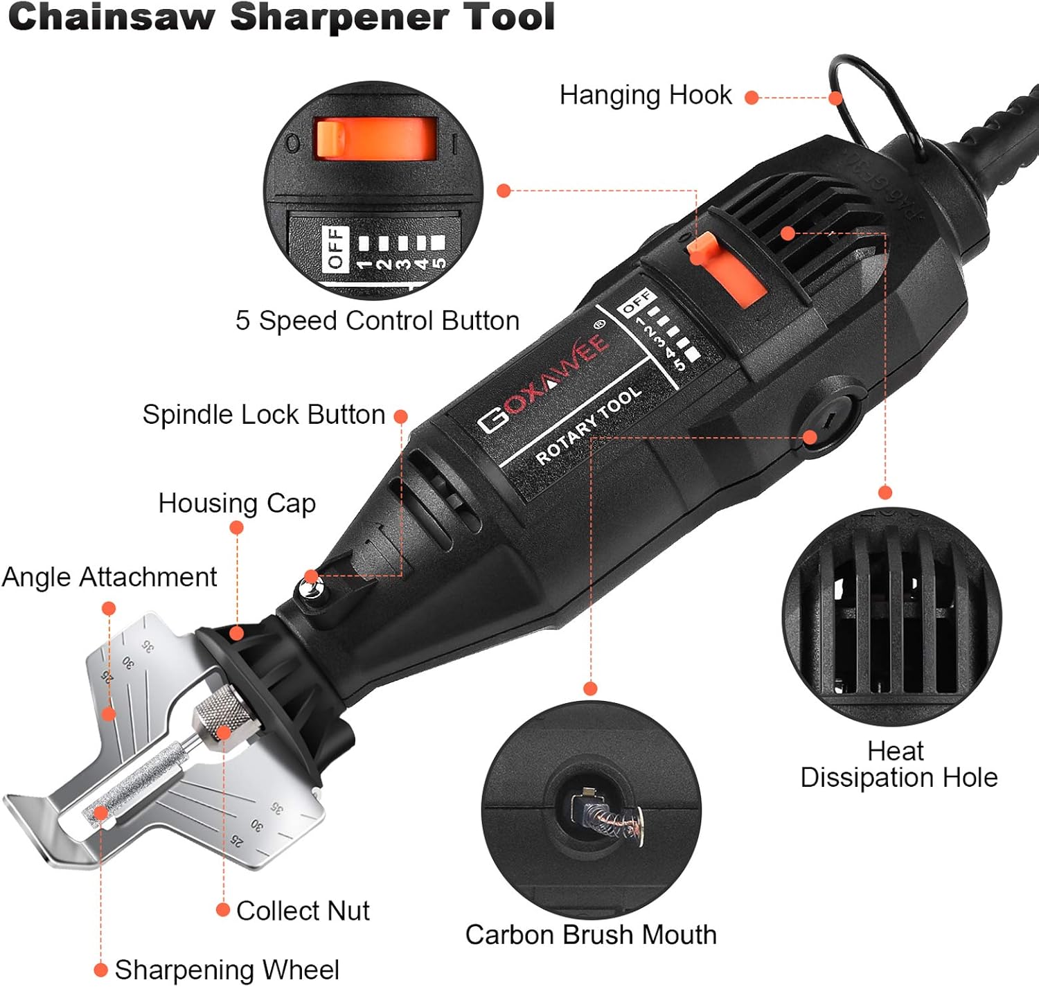GOXAWEE Chainsaw Sharpener Kit 140W Power Chain Saw Sharpen Tool Set, Electric Blade Sharpening File Comes with 6pcs Diamond Sharpening Wheels, Angle Guide Attachment for Lumberjack & Garden Worker : Patio, Lawn & Garden