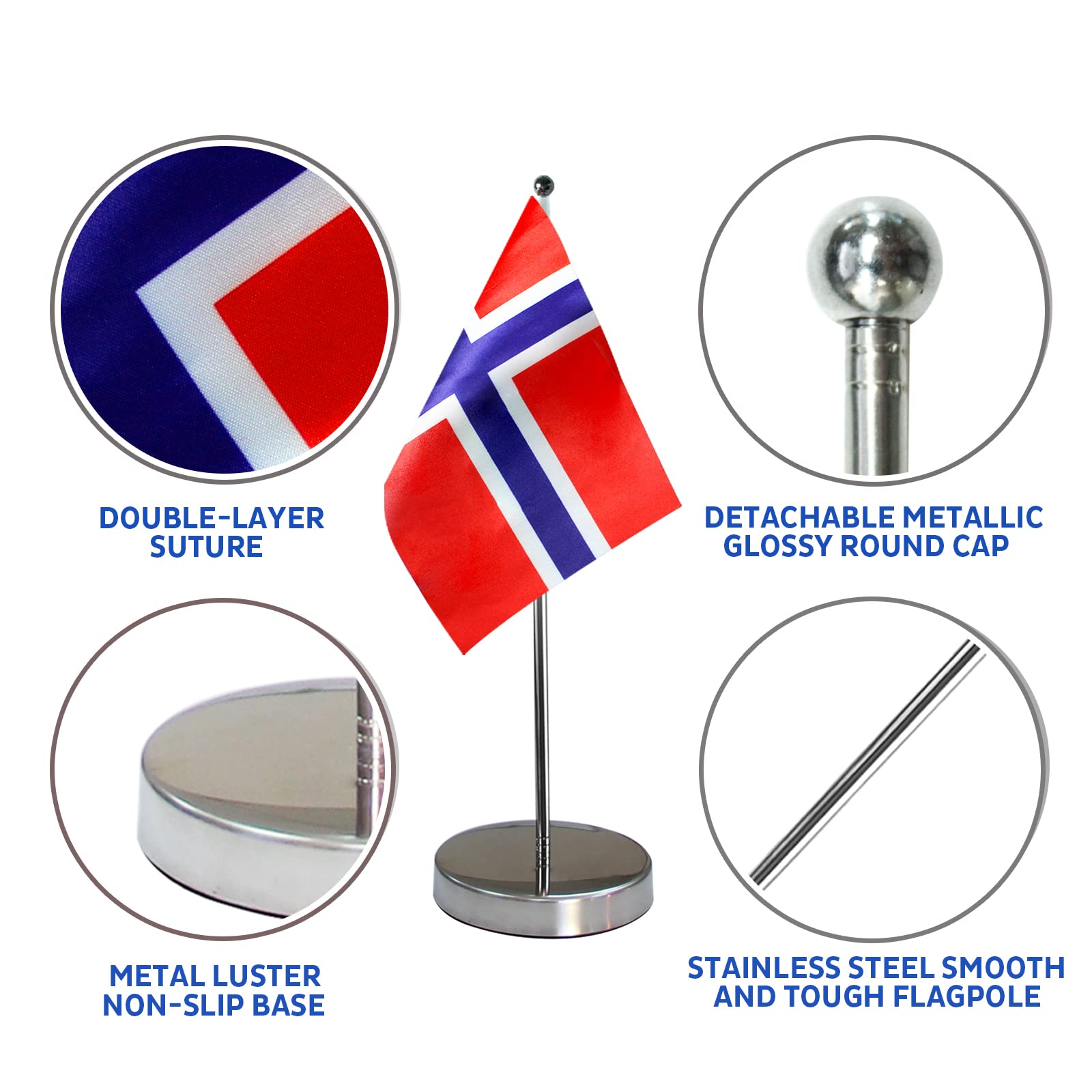 Bandera de Noruega para mesa de 9 x 6 pulgadas, incluye base de acero inoxidable y poste ajustable