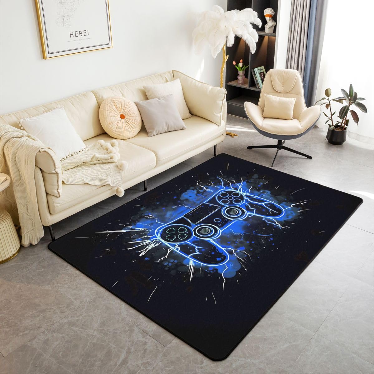 Loussiesd Dywan dla gracza 150 x 200 cm gamingowa wewnętrzna mata podłogowa dla dzieci chłopców dziewcząt nastolatków dekoracja pokoju gier wystrój dywan nowoczesny kontroler konsoli do gier niebieski