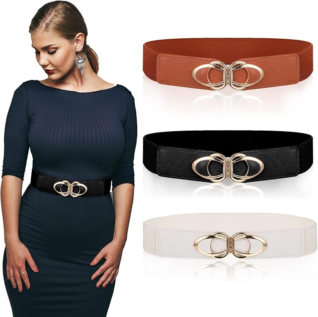 worahroe 3Pcs Women Stretchy Wide Waist Belt, Fashion Belts Wide Elastic Waist Belt Retro Cinch Belt Elasticated Stylish PU Leather with Buckle Belts Waistband for Dress, Christmas Gifts for Women