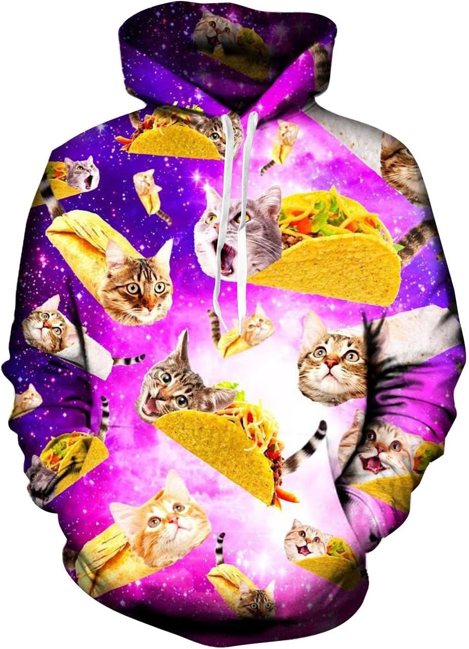 RAISEVERN Mens Womens Hoodies 3D Taco Cat Fleece Graphics Sweatshirts Fashion Pullover Cool Funny Novelty Hoody Pizza Cat Warm Hooded with Pocket