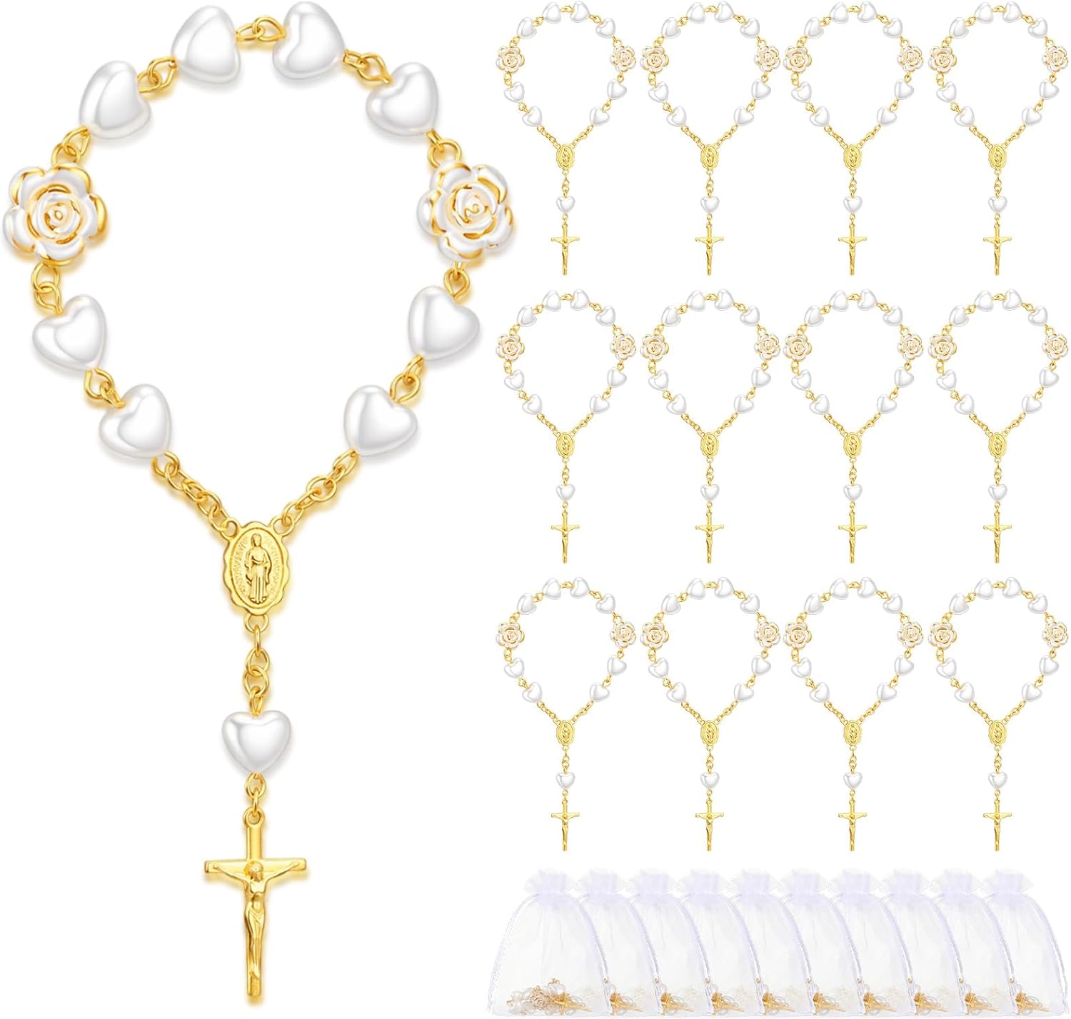 Sureio 30 Pieces Baptism Rosary Catholic Mini Rosaries Baptism Favors for Guests Party Favors Rosary Beads 30 Pcs Organza Bags for Christening Weddings First Communion Gift (Pink)