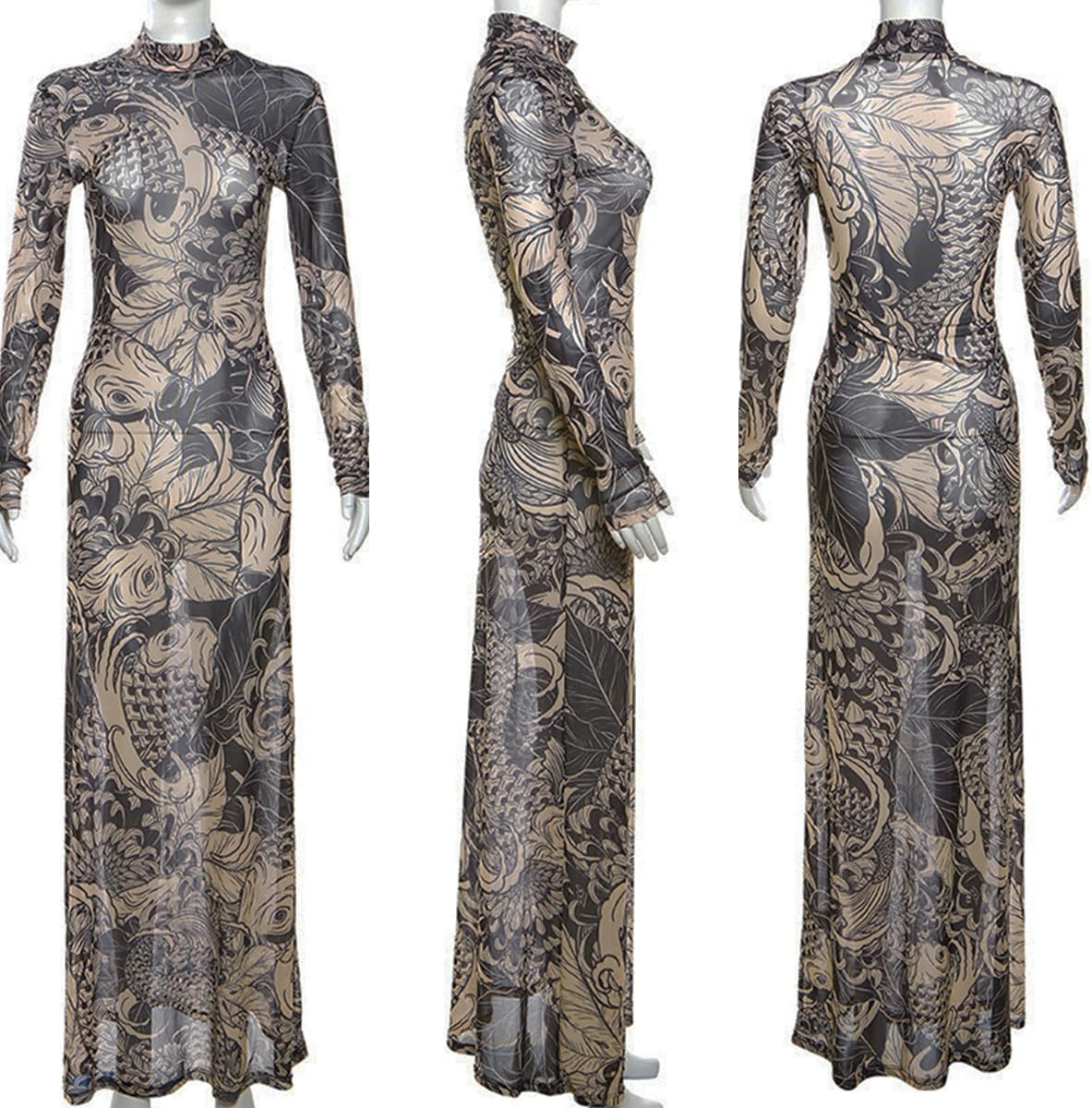 Suillty Women's Sexy Printed Sheer Mesh Long Maxi Dress See Through Long Sleeve High Neck Bodycon Party Club Night Dresses - Image 6