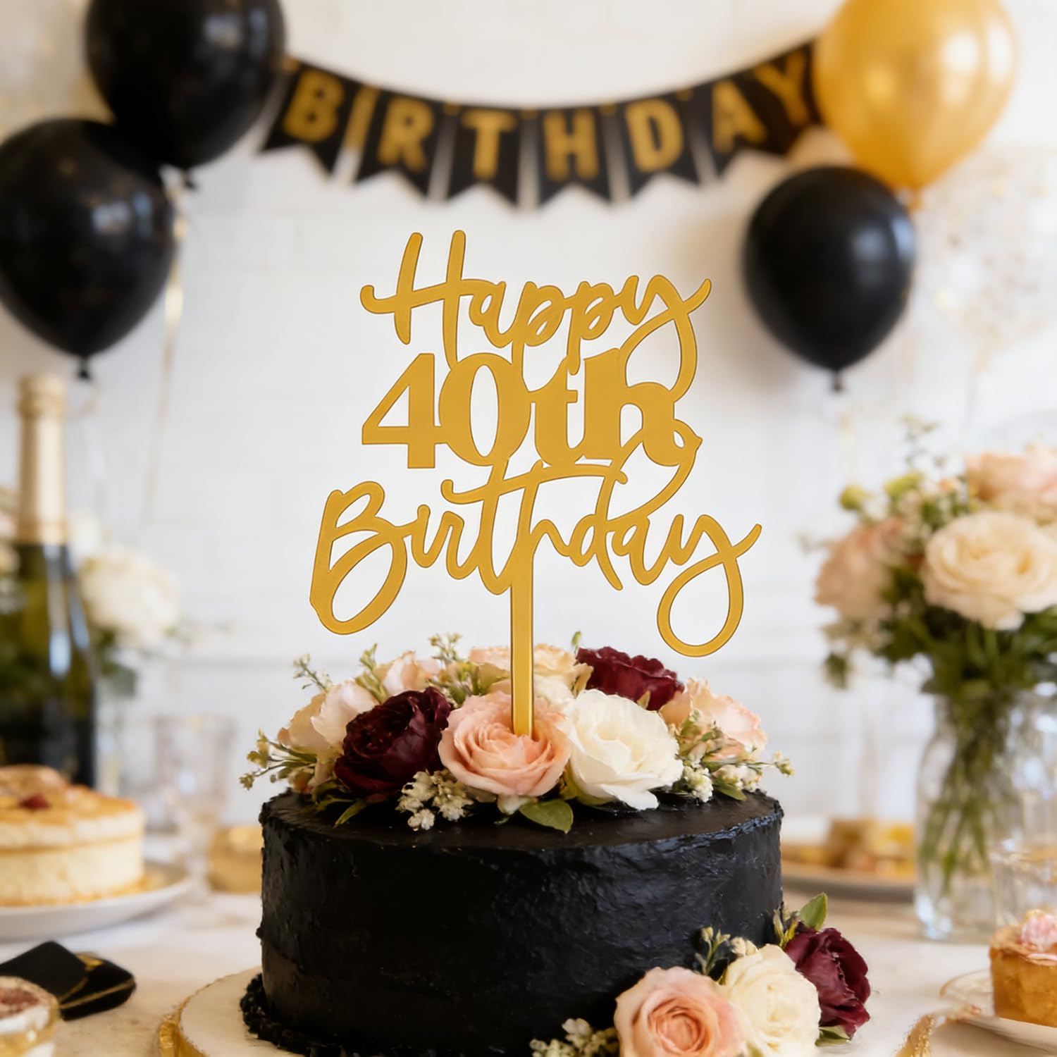 Tortenaufsatz "Happy 40th Birthday", Acryl, goldfarben, Prost bis 40 Jahre, Kuchendekoration, 40 Stück, 1 Stück