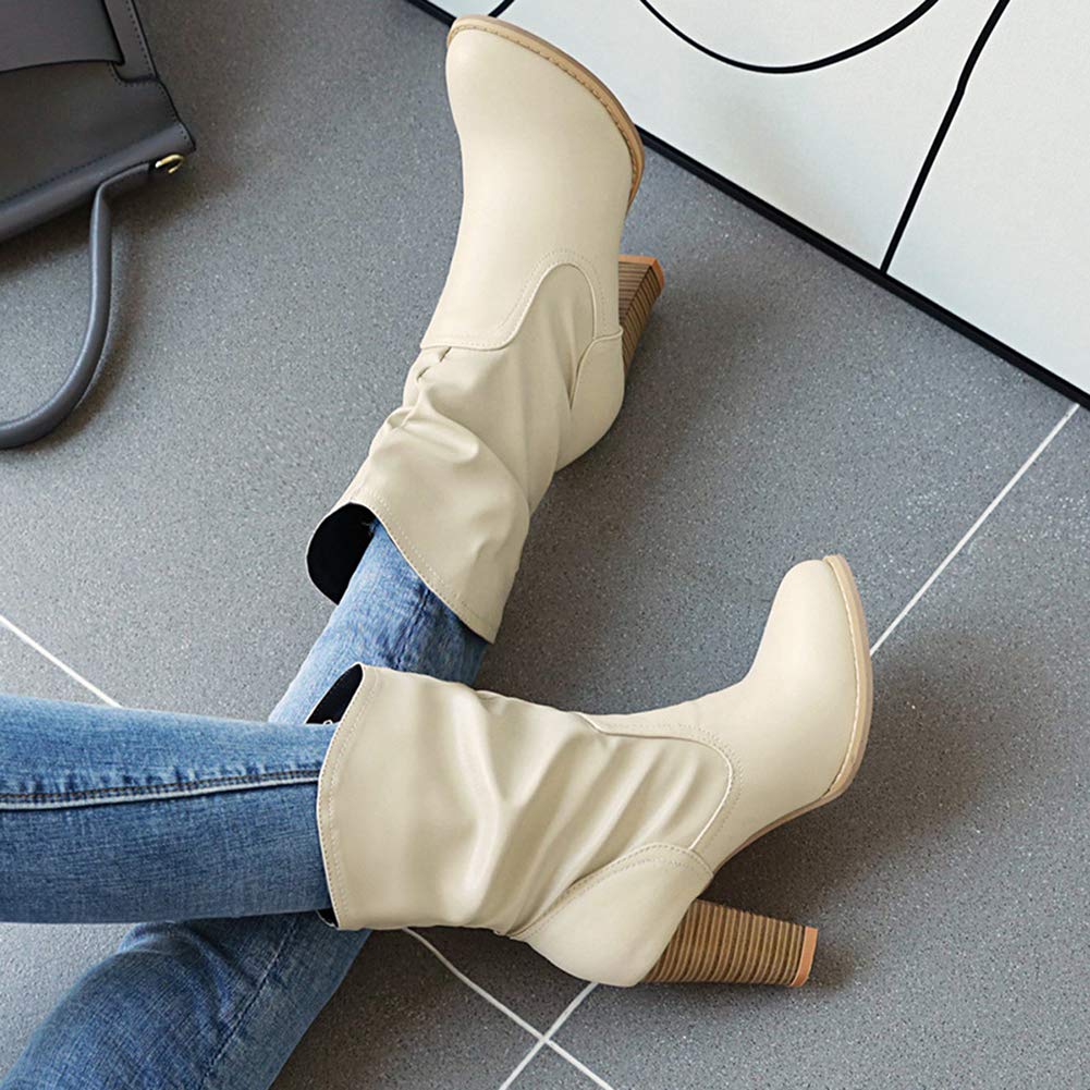 Mujer Elegante Tacón de Bloque Sin Cordones Botas de Pantorrilla Fruncidas Mullido Botas Holgadas