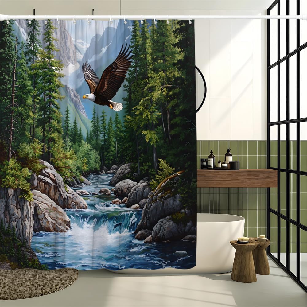 Eagle Shower Curtain Powerful Bird Eagle Wild Animal Wildlife Waterfall Rainforest Cabin Rustic Farmhouse Country Forest Mountain Lake Hunting Camping Nature Scenery Decor Curtain Polyester Fabric