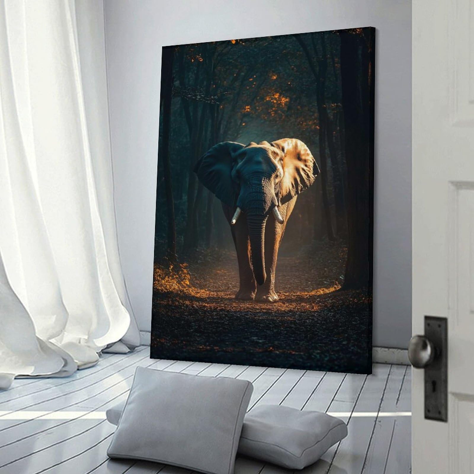 Junmoney Elephant in Forest Hanging Wall Art, 24x36inch(60x90cm), for Living Room, Bedroom, Office Or Hallway, Decorative Artwork with Broad Appeal