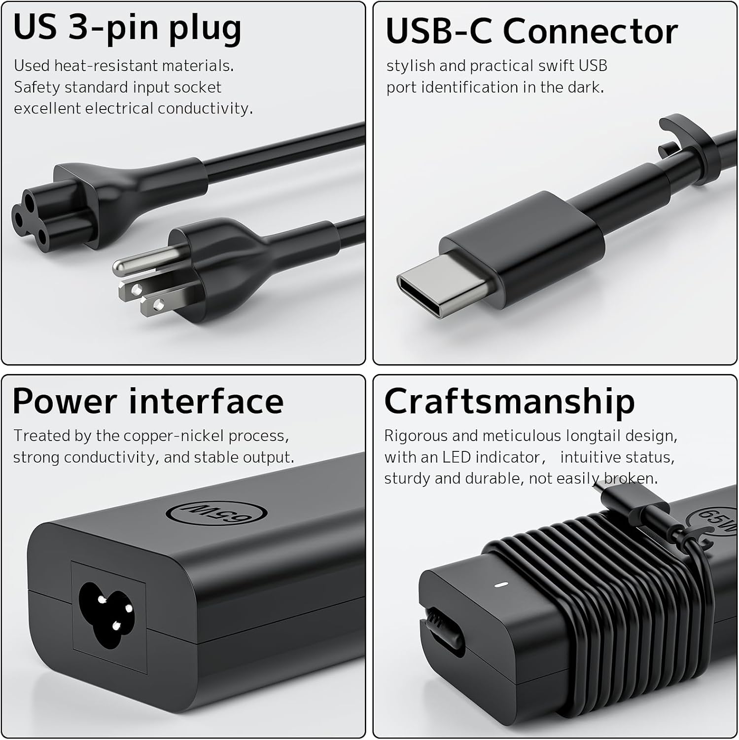 65W USB Type C Laptop Charger Fit for Dell Latitude Inspiron XPS Chromebook | 65W/45W PD Fast Charging | Smart Temperature Control | Wide Compatibility | Compact Design | Multiple Protection