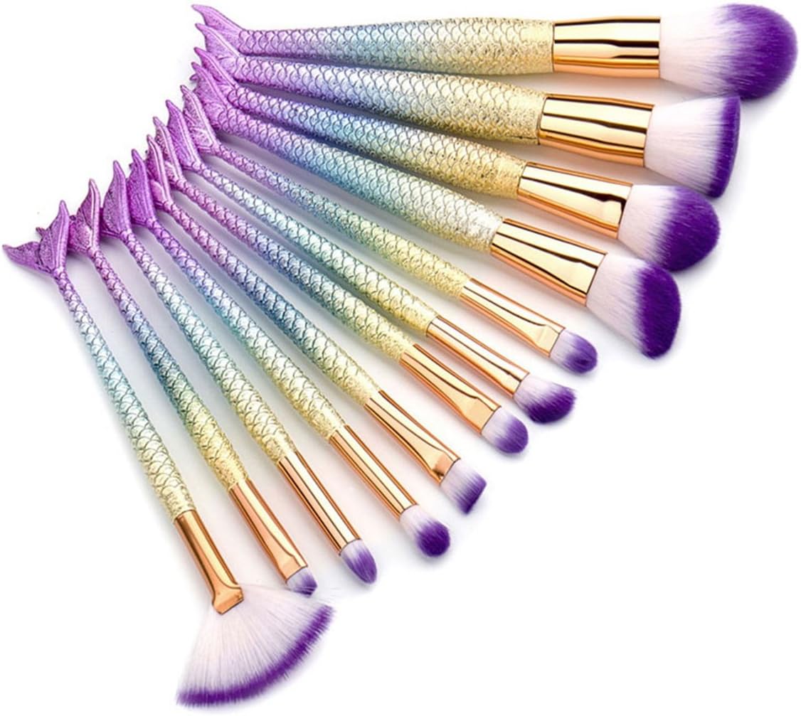 12 Piece Unicorn Mermaid Fish Makeup Brushes Set Eyeshadow Contour Blending Cosmetic Make Up Tool Professional Natural Beauty Palette Exquisite Popular Colorful Rainbow Hair Highlights Kit, Type-02