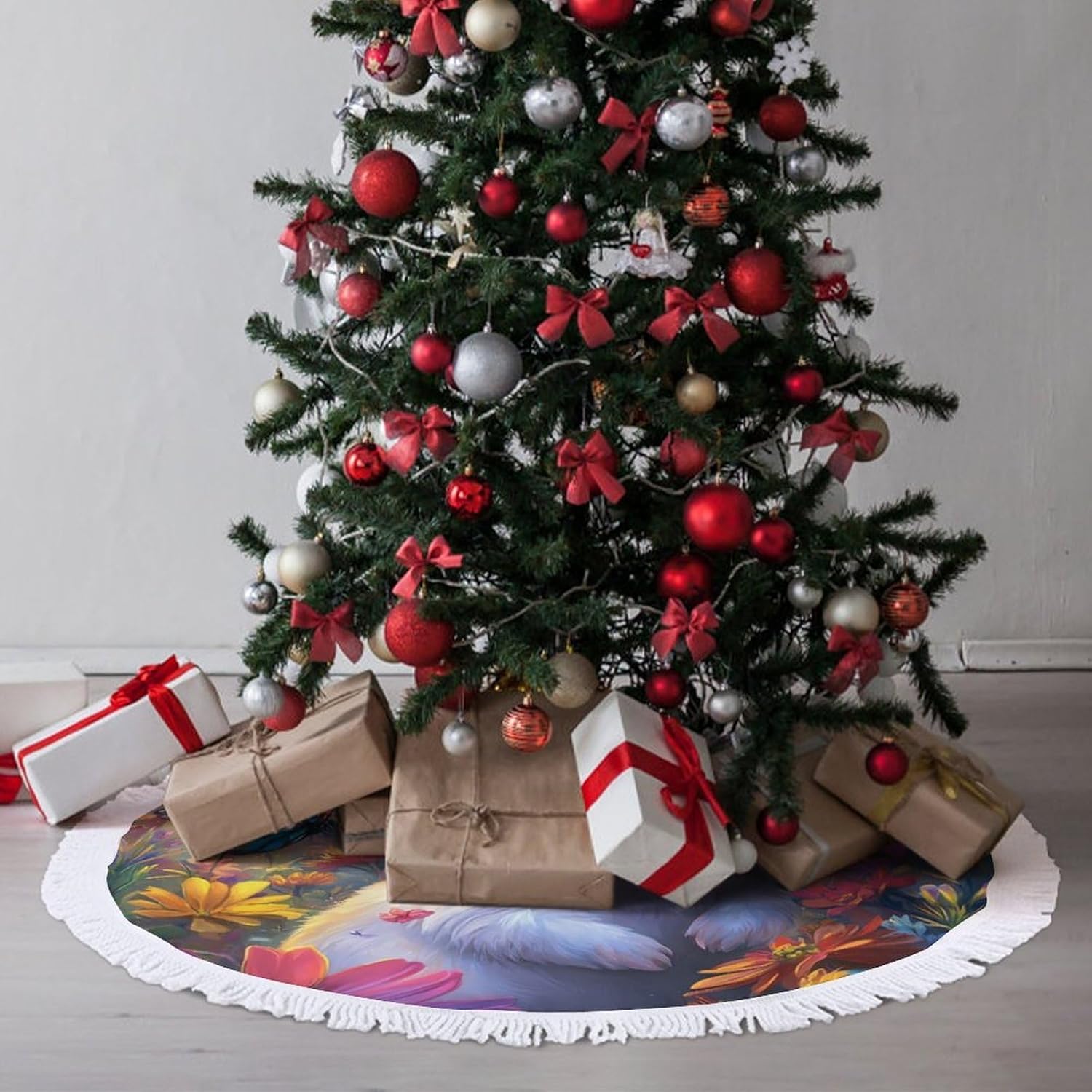 Cute Bunny Flowers Christmas Tree Skirt Round Xmas Tree Mat Ornaments Tree Skirts with Tassels for Holiday Party
