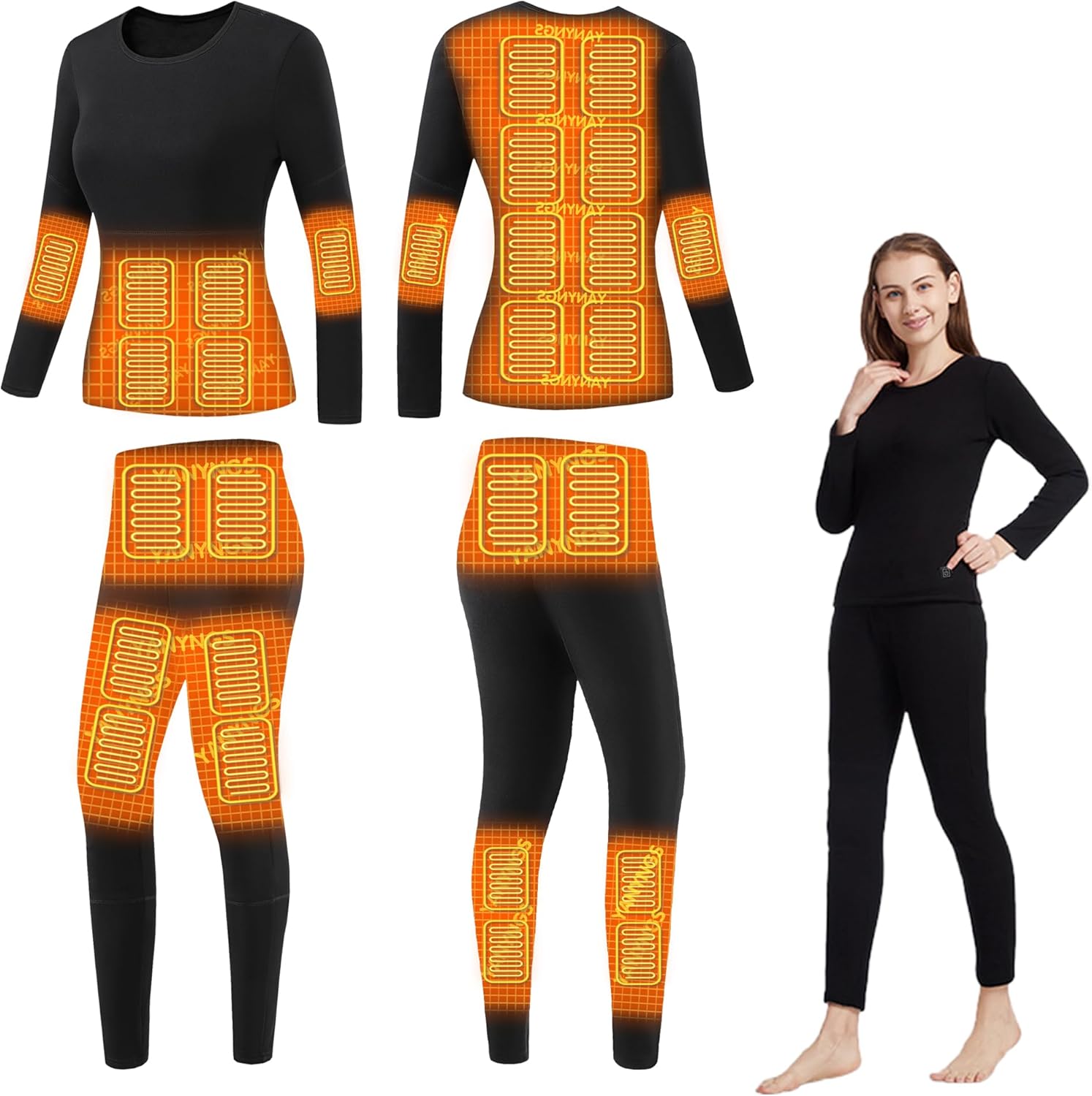 Heating Underwears for Women, Electric Thermal Baselayer Top and Bottoms, Heated Long Johns Set for Skiing Camping
