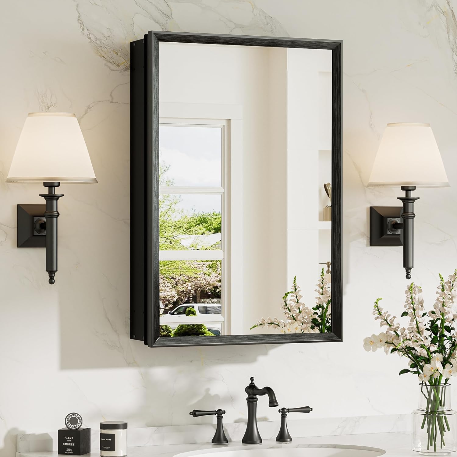 TokeShimi 16 x 24 Medicine Cabinet Mirror, Assembly Required, Black Mirror Medicine Cabinet for Bathroom, Beveled Aluminum Frame, Stepless Adjustable Shelves, Tempered Glass Black 16x24 IN