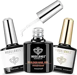 Modelones 3 peças de gel construtor de top coat com base de gel, sem necessidade de limpeza - acabamento brilhante e longa duração, kit transparente construtor de top coat para espessamento, extensão de construção de ápice, lâmpada LED curada 10ml salão faça você mesmo em casa