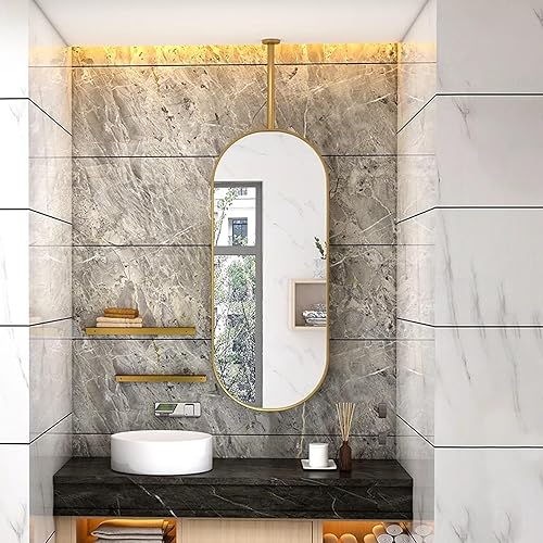 Espejos de baño para tocador, espejo dorado montado en el techo con marco de metal y barra para colgar en el techo, espejo de pared decorativo