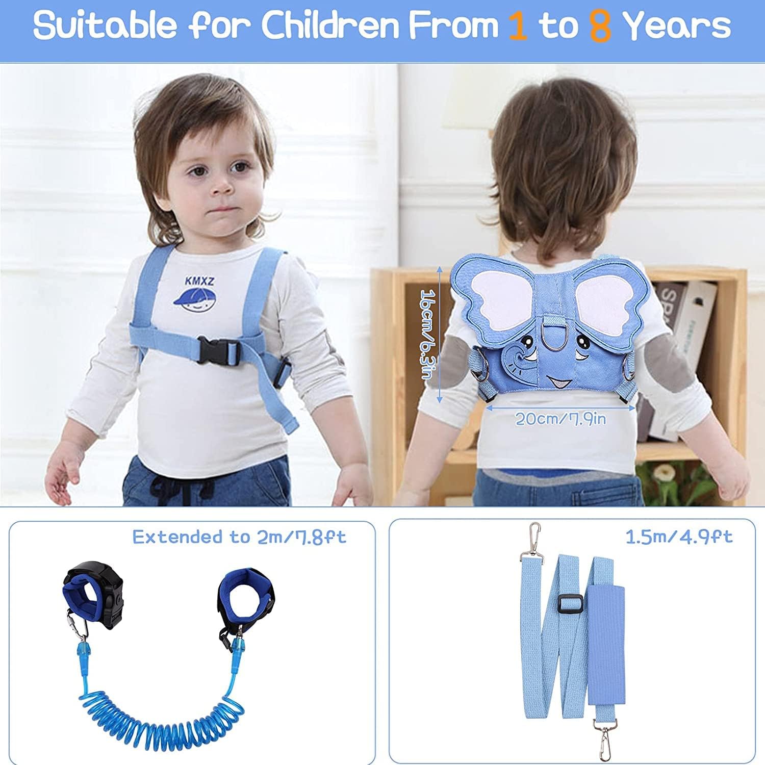 Laisse 3 en 1 pour enfant - Motif éléphant - Anti-perte - Avec poignet de sécurité - Harnais de course pour enfants - Laisse pour enfant avec cadenas de sécurité