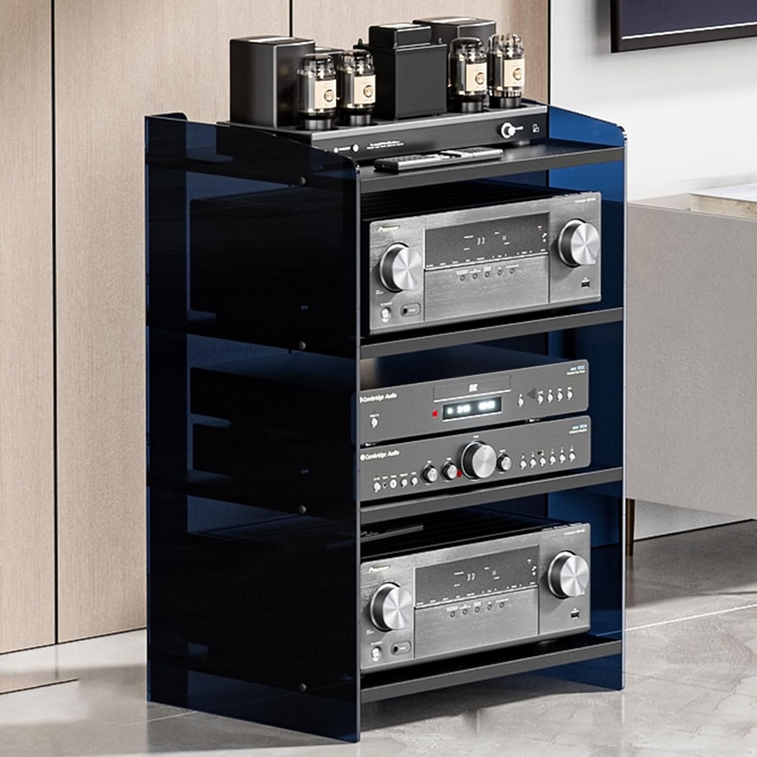 Acrylic Speaker Mount,3-Tier AV Media Stand Corner Shelf,Audio Rack Tower,Display Record Player Stereo Receiver,Heavy Duty Audio-Video Media Stand,for Living Gaming Recording Room(Deep black,52.2x40x6