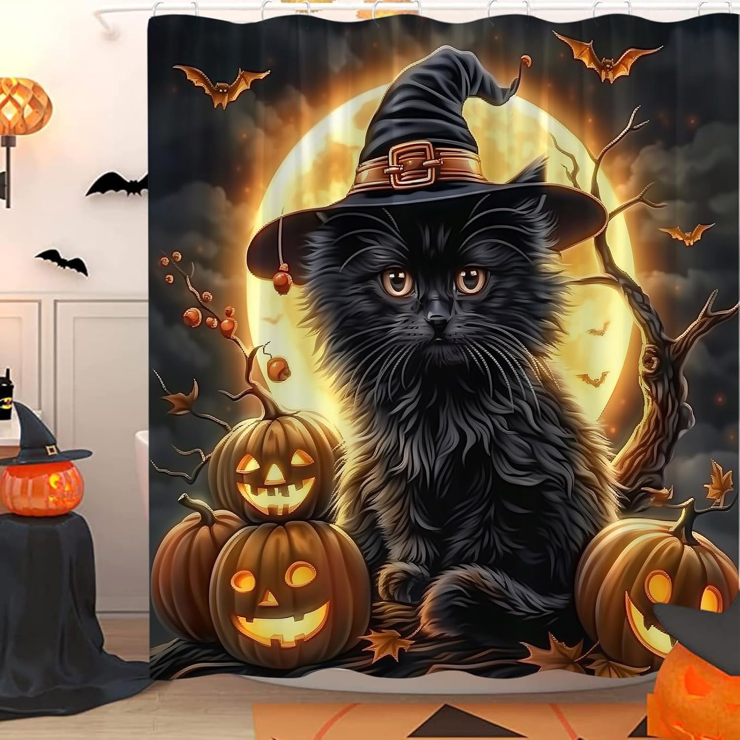 Halloween Shower Curtain Creepy Black Cat with Witchy Hat Bat Full Moon Night Dead Tree Pumpkin Skull Head Scary Crazy Horror Day of The Dead Fabric Bathroom Curtain with Hook