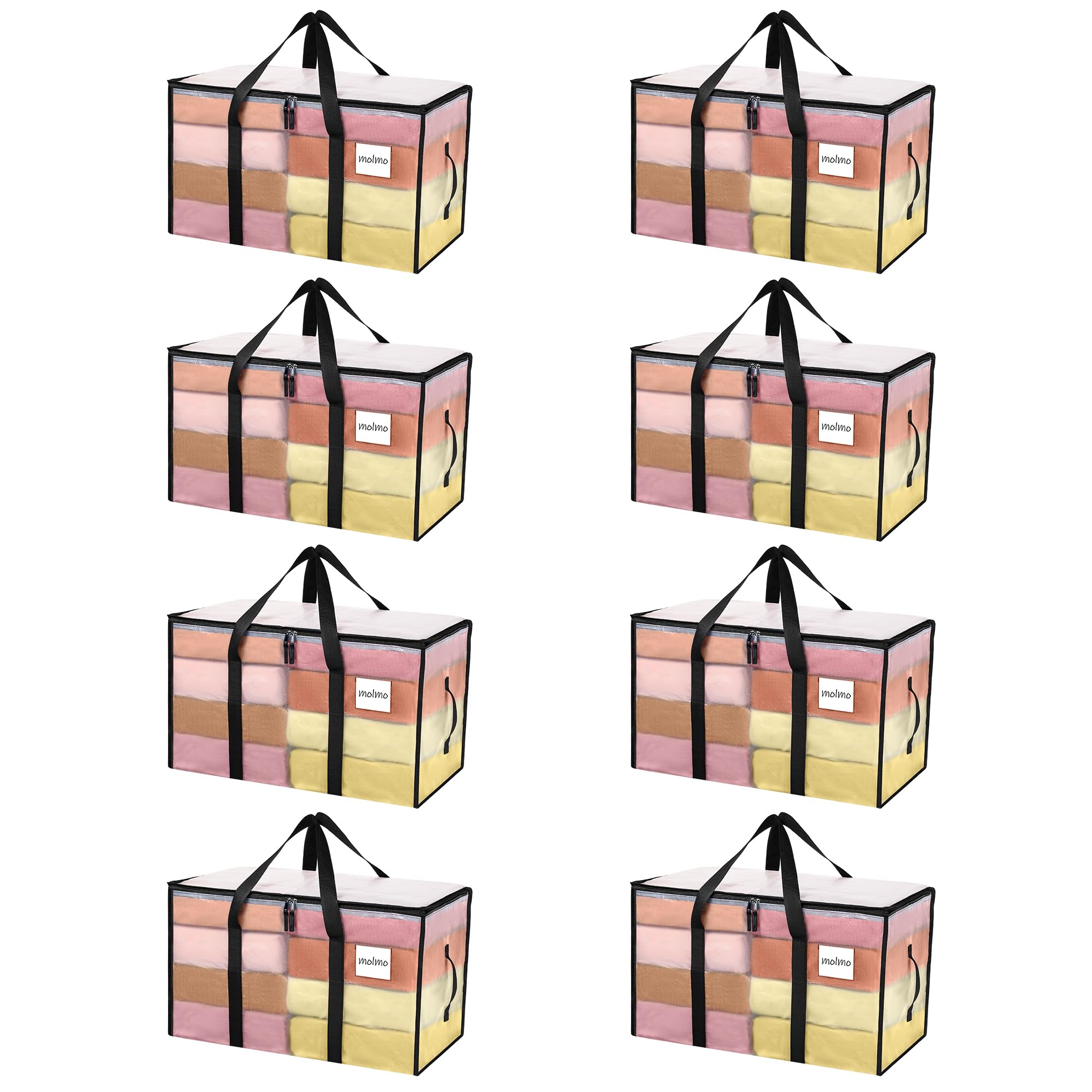 MOLMO 8 Pack Storage Bags, 91L Heavy Duty Moving Bags, Waterproof Clothes Storage Bag with Tag Window, Large Packing Bags with Zips for Clothes Storage Moving Travelling Camping, Clear
