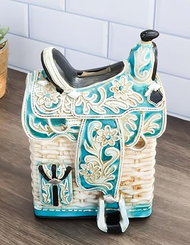 Miniatura 2 de Ebros Gift Rústico Western Country Turquesa Azul Cowboy Caballo Sillín con diseño floral y cesta de mimbre, moneda de ahorro de monedas, hucha de 7