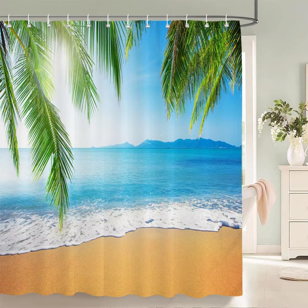 Cortina de Ducha 200x200 Playa,Diseño de Palmeras Tropicales,Tela Repelente al Agua con Ganchos,Lavable y de Secado Rápido,Ideal para Ducha,Baño y Habitaciones Húmedas,200Anx200Al cm (1 Panel)