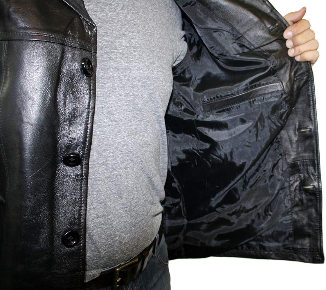 Men's Genuine Soft Lamb Black Leather Buttons Closure Classic Car