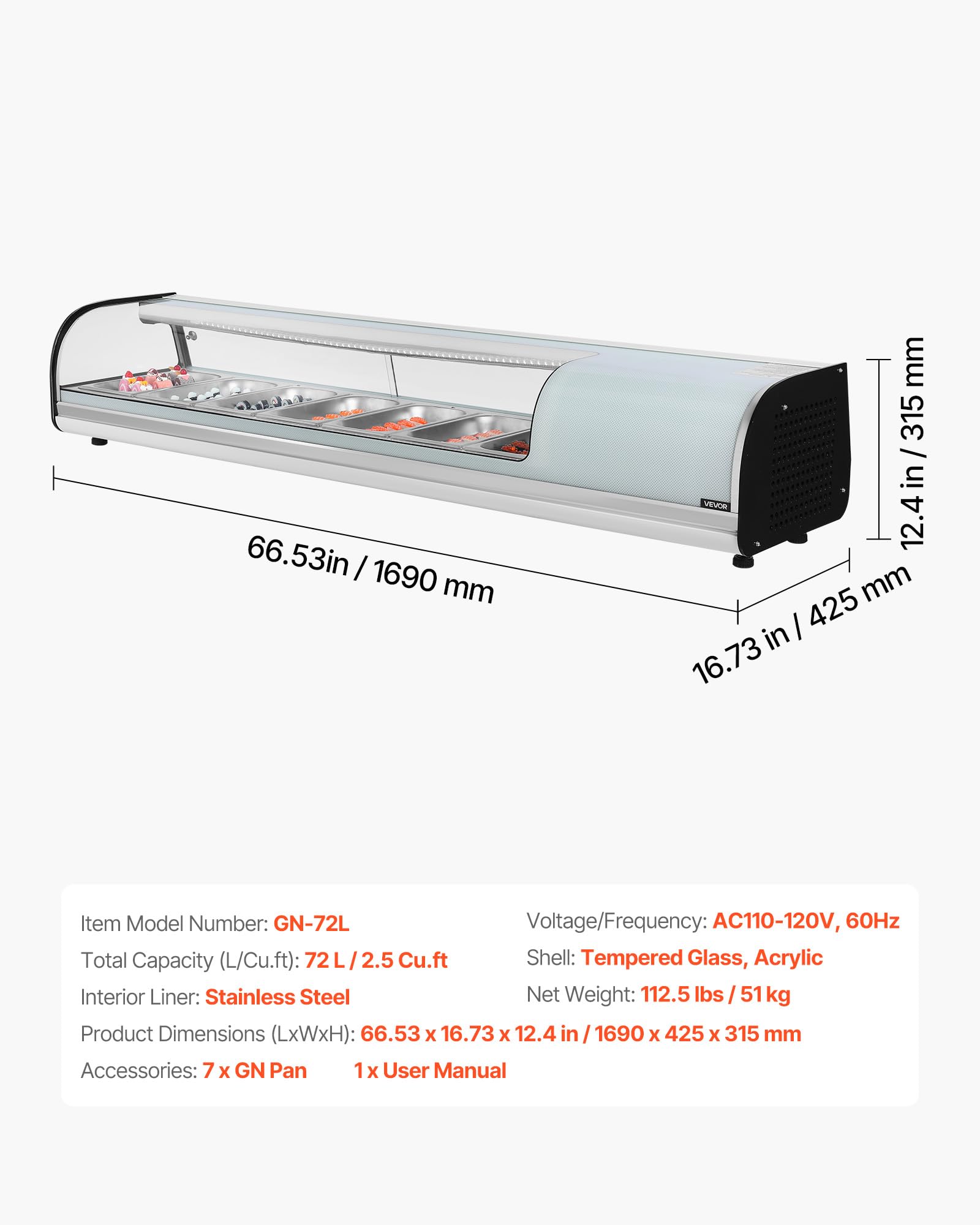 VEVOR Vetrina Refrigerata per Sushi Commerciale da 72 L, 7 Teglie con Vetro Curvo, Illuminazione a LED e Controllo Digitale della Temperatura, Frigorifero per Bancone Ristorante Negozio