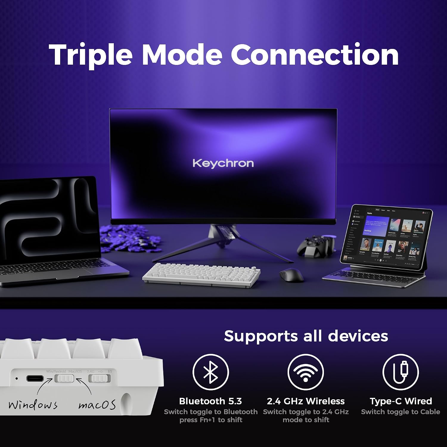 Keychron V5 Ultra 96% Wireless Mechanical Keyboard with 8000Hz Polling Rate & NKRO, Hot-Swappable RGB, Banana Switches, 97 Keys, 2.4 GHz/Bluetooth/Wired, OSA PBT Keycaps, for Mac/Win/Linux - White 4