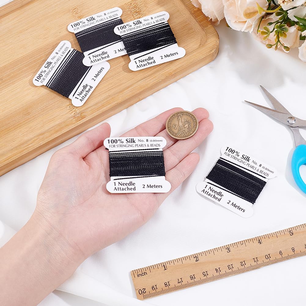 Beebeecraft 5Pcs 100% Pure Silk Cord 0.8mm Black Twisted Silk Cord Thread Needle End Wire with Paper Card for Pearl Beads Jewelry Beading Making Craft Accessories Supplies