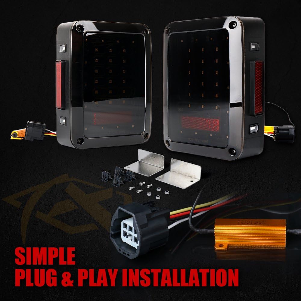 Xprite Smoked Lens Red LED Tail Lights w/Turn Signal & Back Up & Smoke 3rd LED Brake Light Assembly Compatible with Jeep Wrangler JK JKU 2007-2018