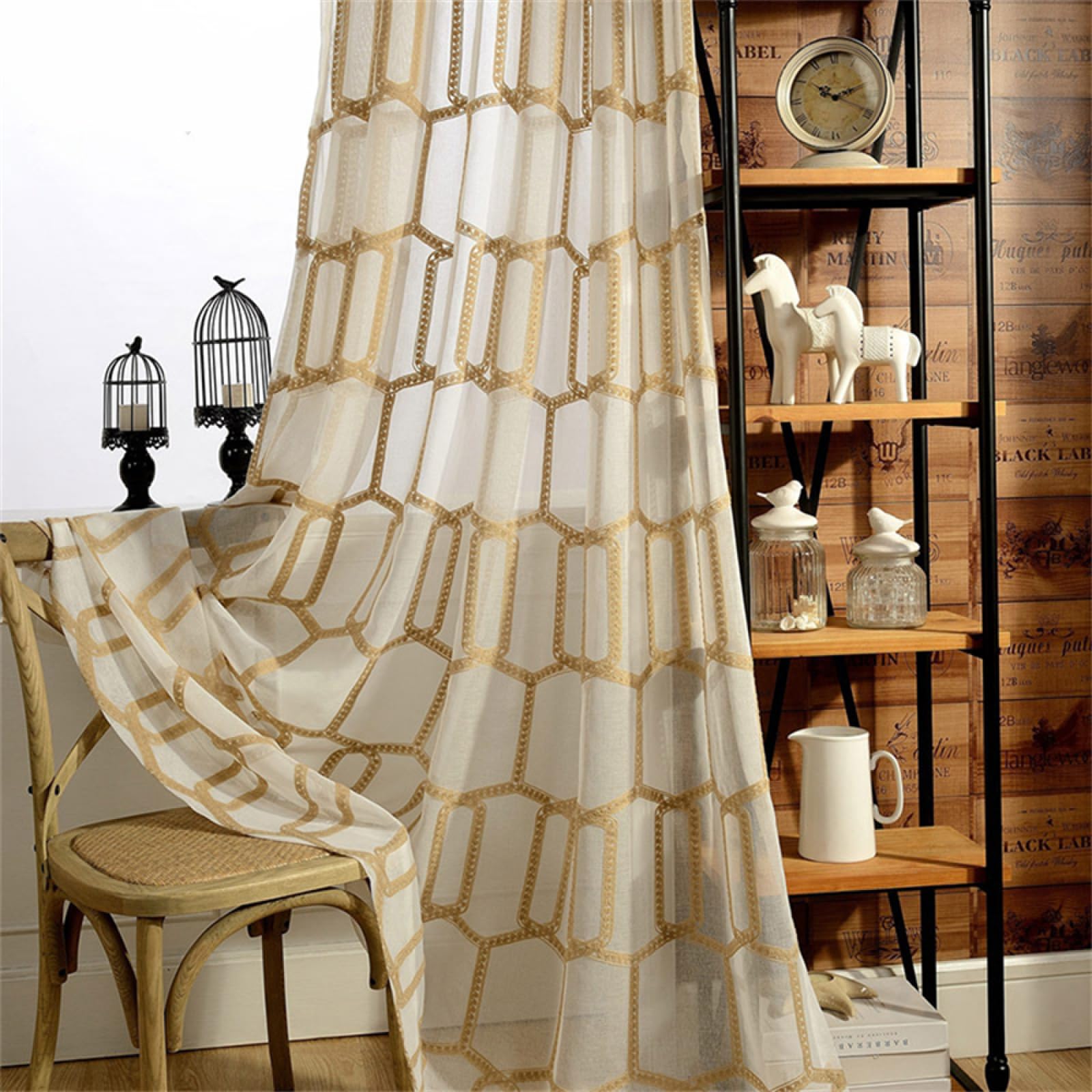 KEKUYA Voile Sheer Curtains Textured Semi Transparent Eyelet Top Decorative,Light Filtering & Privacy Window Treatment Set for Bedroom Living Room-Plaid Embroidery(W55×L102,2 Panels)