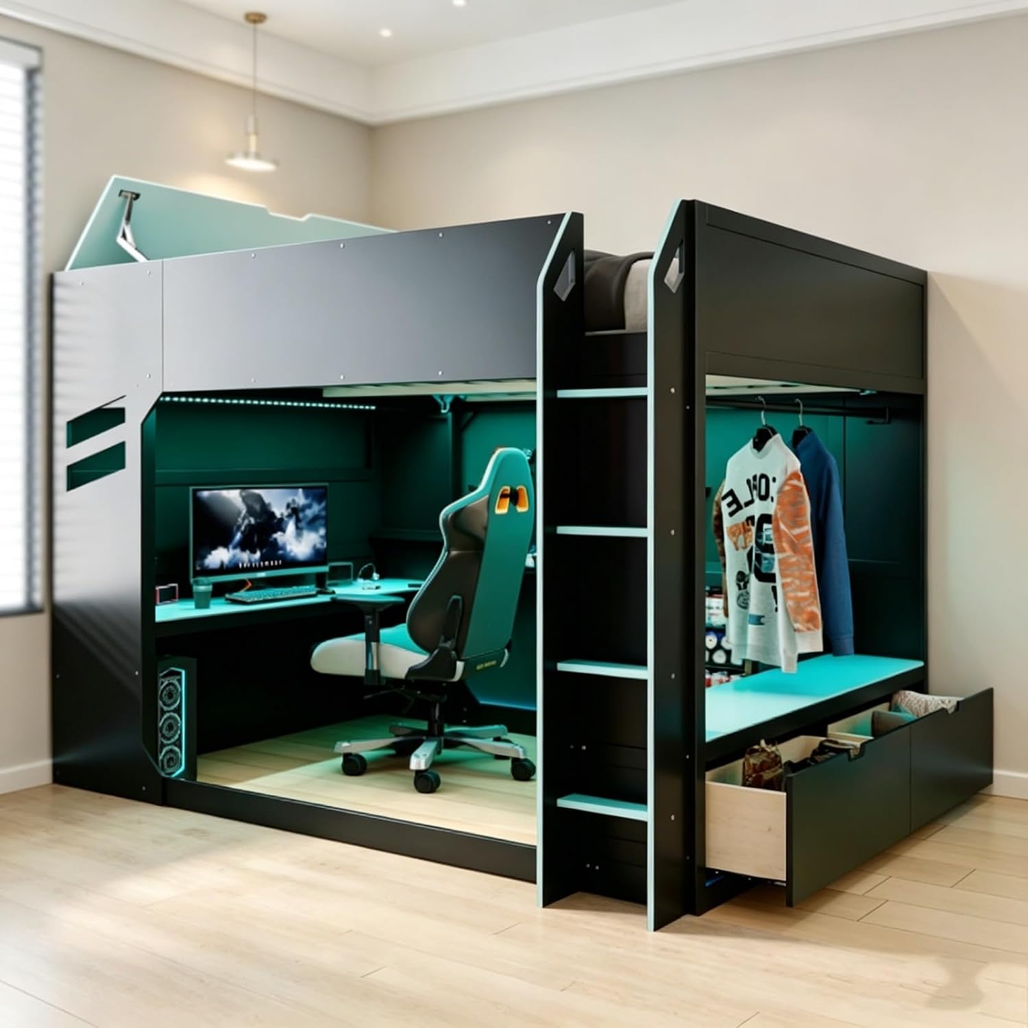 Gaming Loft Bed System with Desk & Storage, All-in-One Elevated Bed Frame for Compact Living