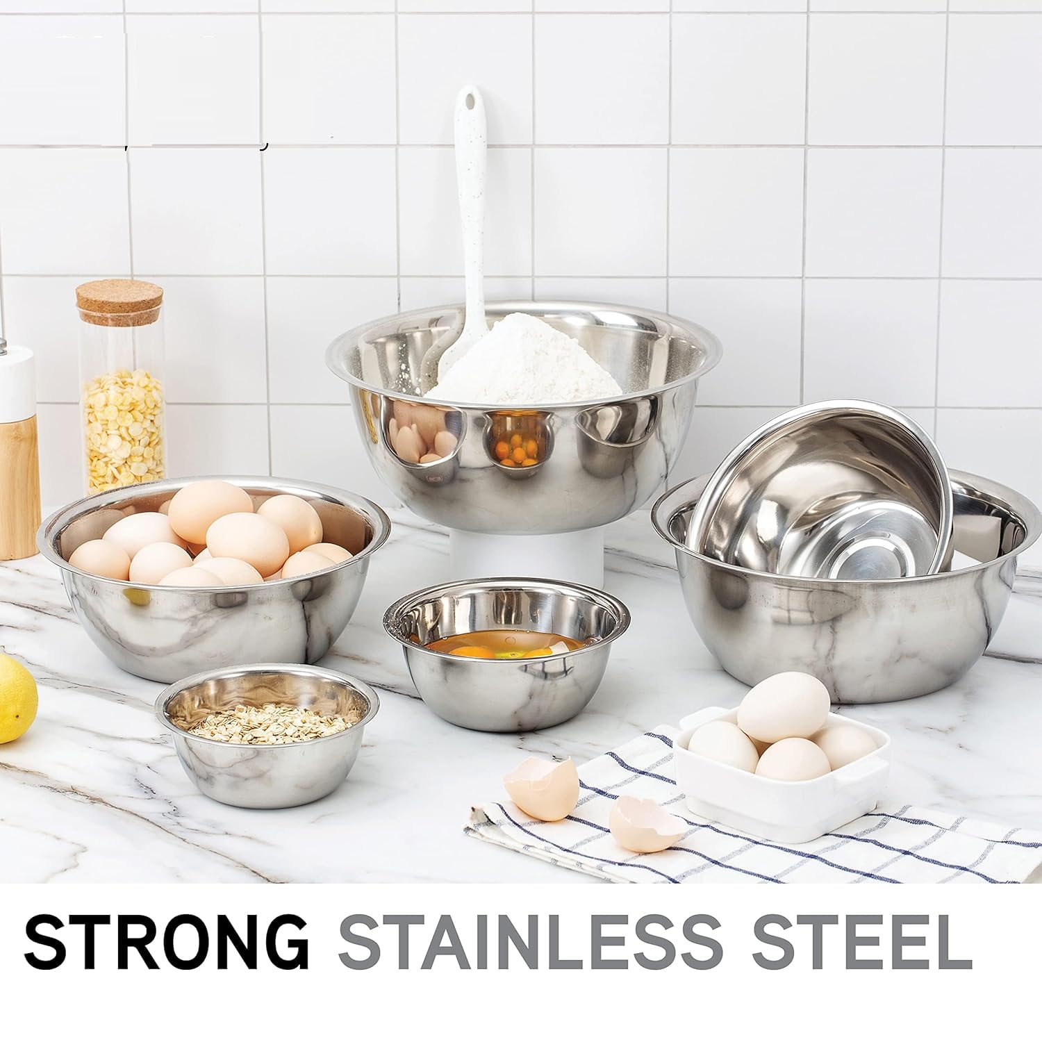 Juego de 5 cuencos de acero inoxidable para mezclar, cuencos de cocina de metal multiusos para hornear, preparar, cocinar y servir alimentos, ensaladas, verduras, tamaños 0.7, 1.5, 2, 3, 4.5