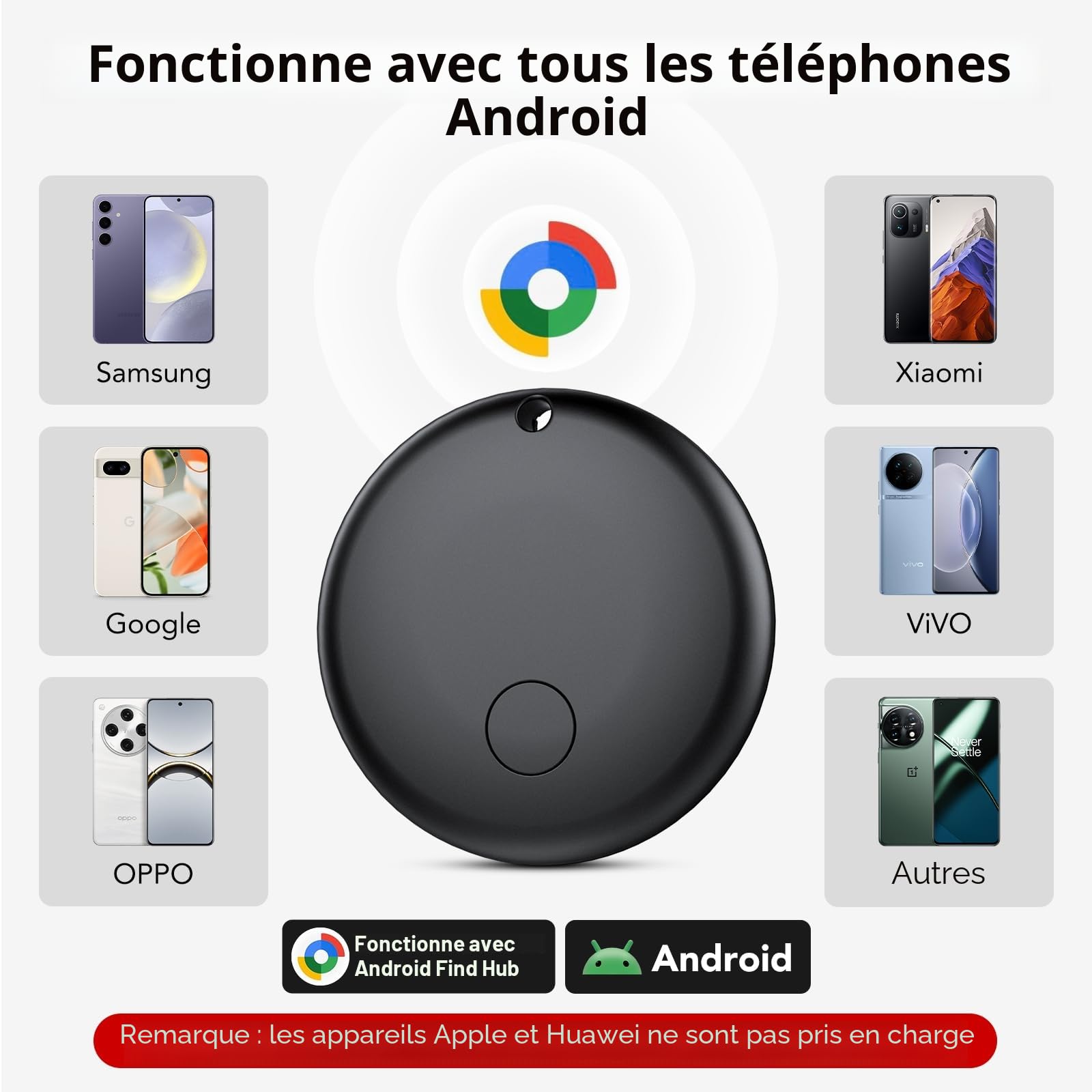 Tracker Tag Android Smart Tag, localisateur de clés compatible avec Google Mon appareil Finder APP (Android uniquement), recherche de clés Bluetooth pour bagages, sacs, valises, portefeuille (lot de 4