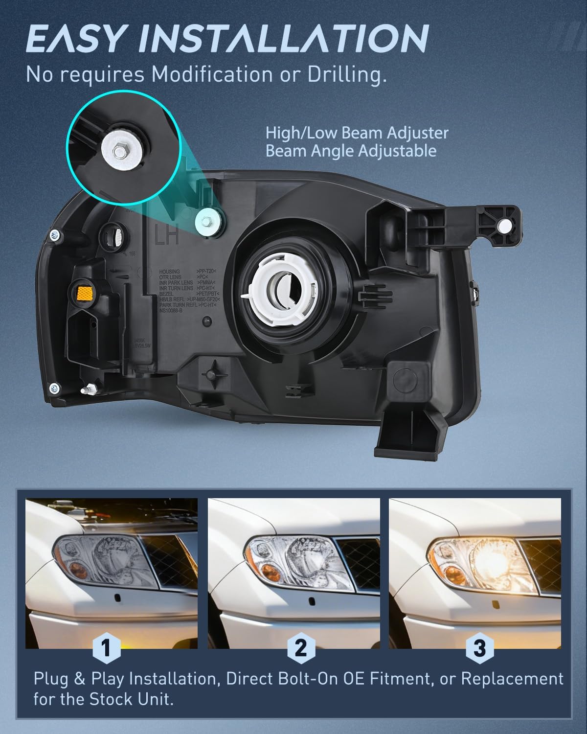 Nilight Headlight Assembly Compatible with 2001 2002 2003 2004 Nissan Frontier XE OE Style Replacement Halogen Headlights Chrome Housing Amber Reflector Headlamp Passenger and Driver