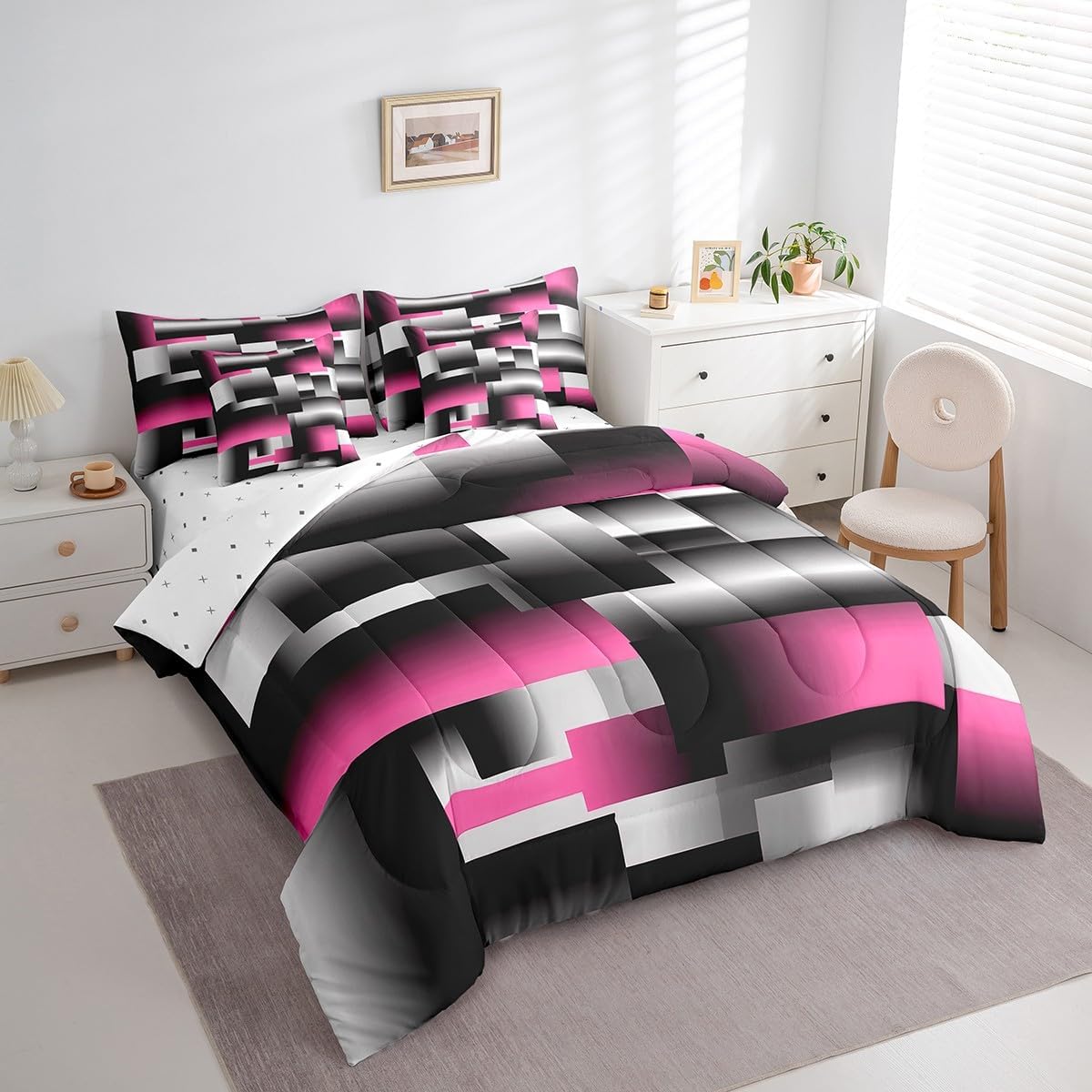 Feelyou Pink Gray Black Abstract Comforter Set Twin Size 7 Pieces Geometric Art Bedding Set Rectangle Room Decorative Sheet Bed Set Includes Comforter, Sheet Set, Pillowcases & Pillow Covers