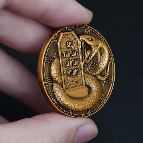 Miniatura 5 de Moneda Memento Mori - Diseño de la parca y serpiente, diseño de reloj de arena y lápida, vitrina incluida, ideal para entusiastas y regalos (moneda