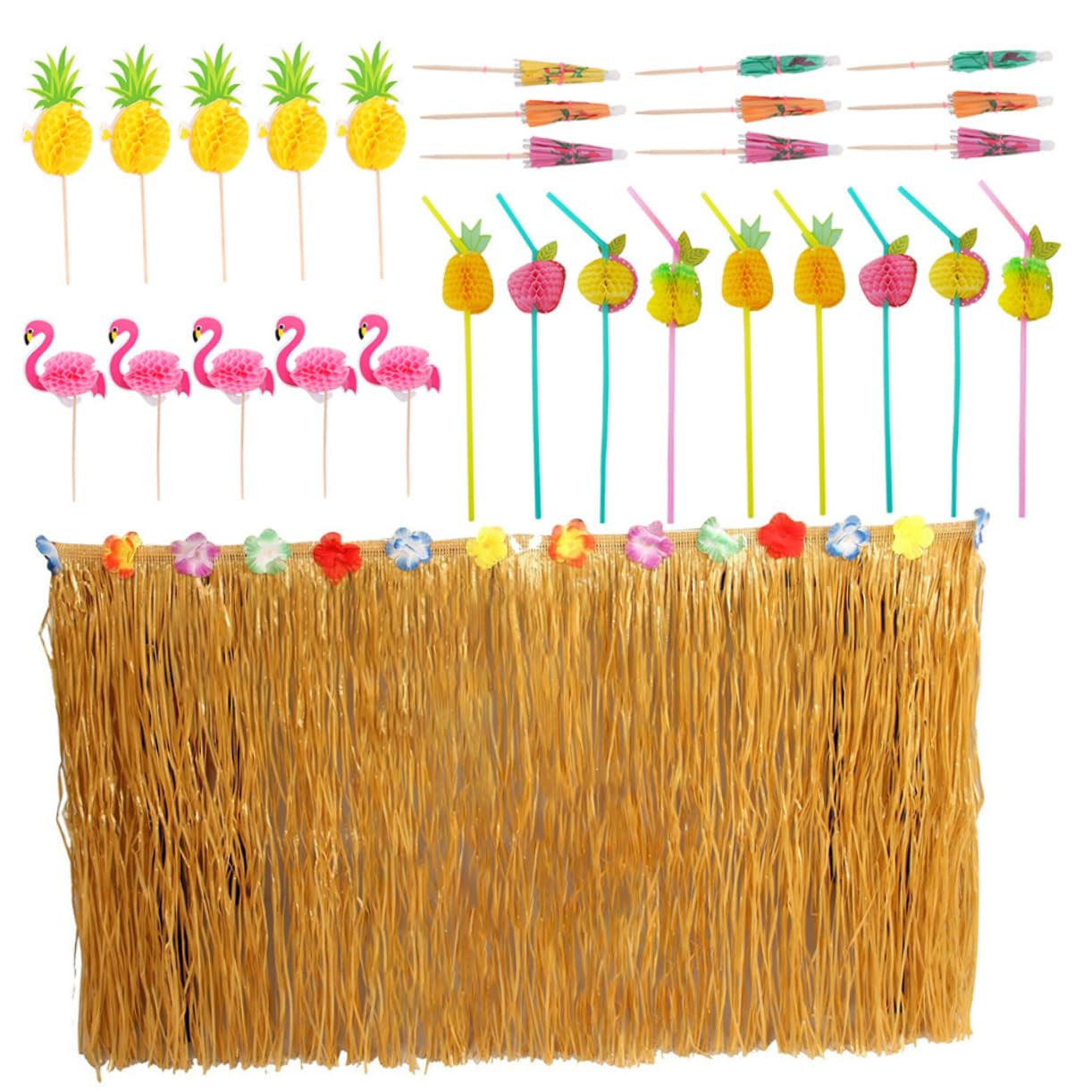 IWOWHERO Large Hawaiian Set 83pcs Table Skirt Straw Hawaiian Theme Party Supplies Decor Random Style
