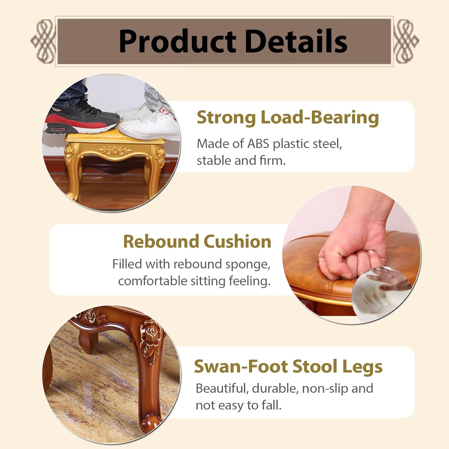 Small Upholstered Stool, Exquisite Carving Art Sitting Stool with Leather, European Style Low Stools for Bedroom Living Room Entryway Piano Room, Round and Sits 11.72" Tall