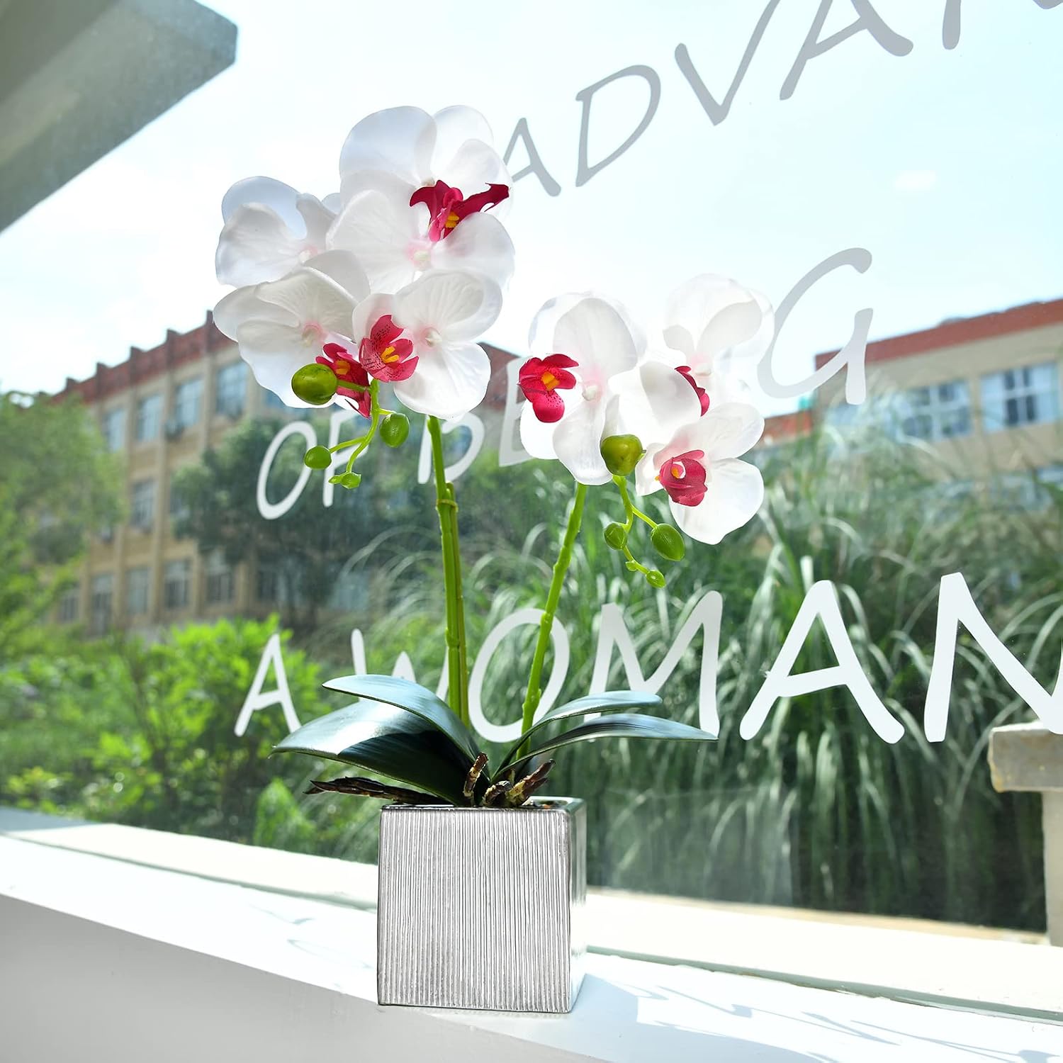 Artificial Potted Orchid Faux Phalaenopsis Silk Flowers Bonsai Realistic Arrangement in Silver Vase for Home Decoration Table Centerpiece, White