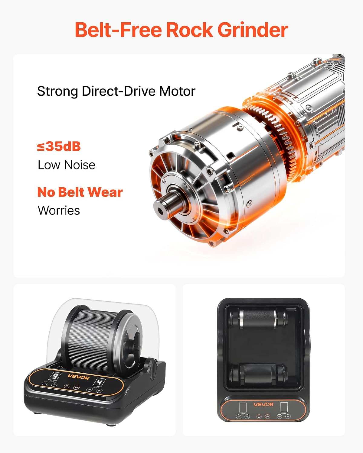 VEVOR Rock Tumbler, 1 lb Rock Polishing Machine, Rocks Tumbling Kit with 4-Speed Adjustment, 1–9 Day Timer, PC Sound Reduction Cover & TPU Drum, Direct Drive Motor Rocks Polishing, Quiet Operation