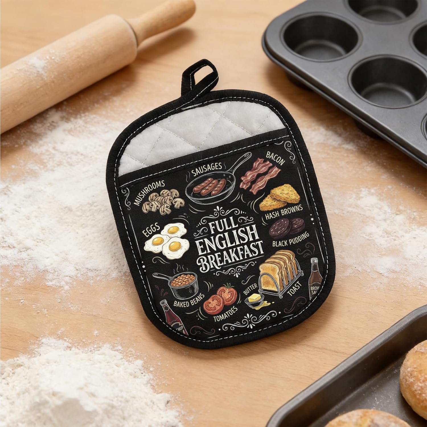 MBMSO English Breakfast Pot Holder Breakfast Themed Gifts for Cooking Lovers British Cuisine Gifts Kitchen Cooking Oven Mitts (English Breakfast Holder)