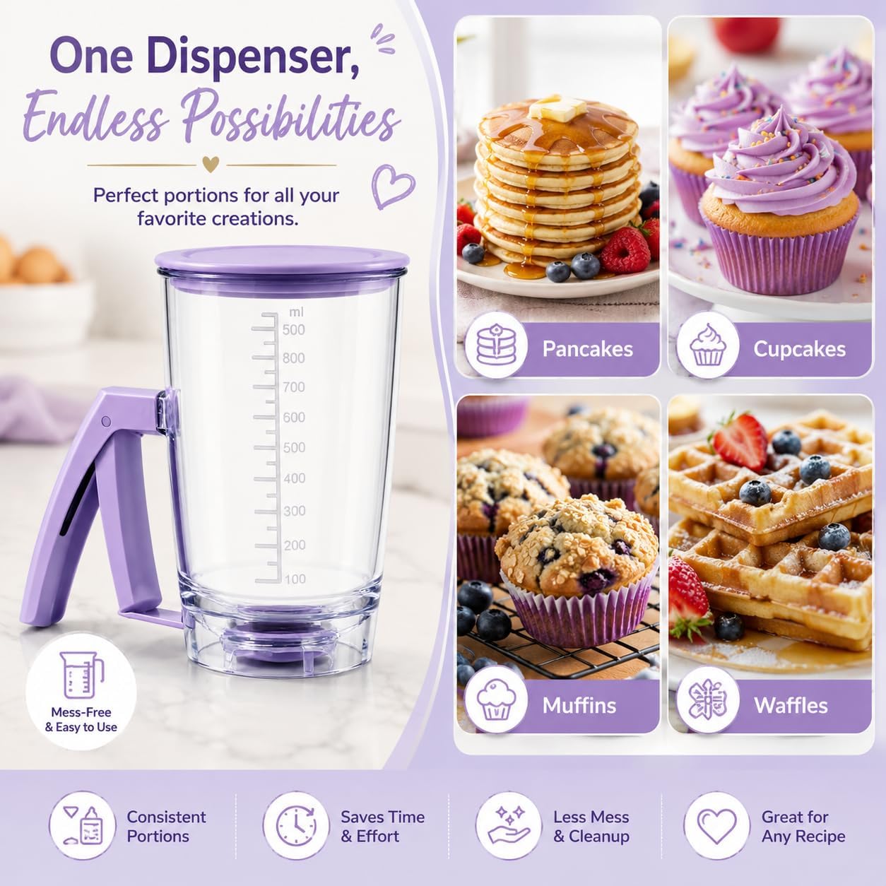 Pancake Batter Dispenser, Purple Measuring Cup for Baking