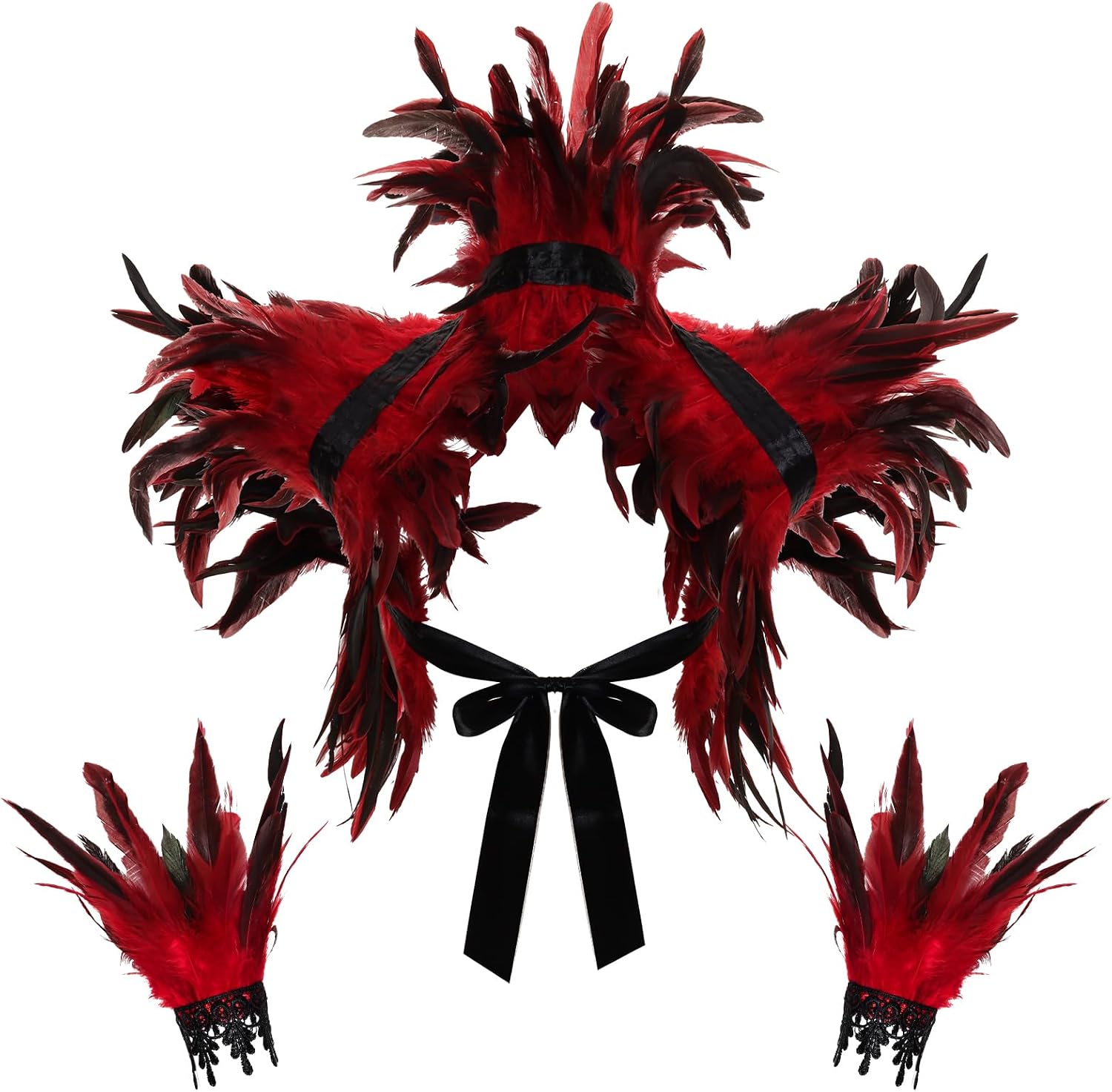 2Pcs Witch Feather Shawl Feather Wrist Cuff Gothic Crow Shrug Shawl Halloween Costume Accessories for Women