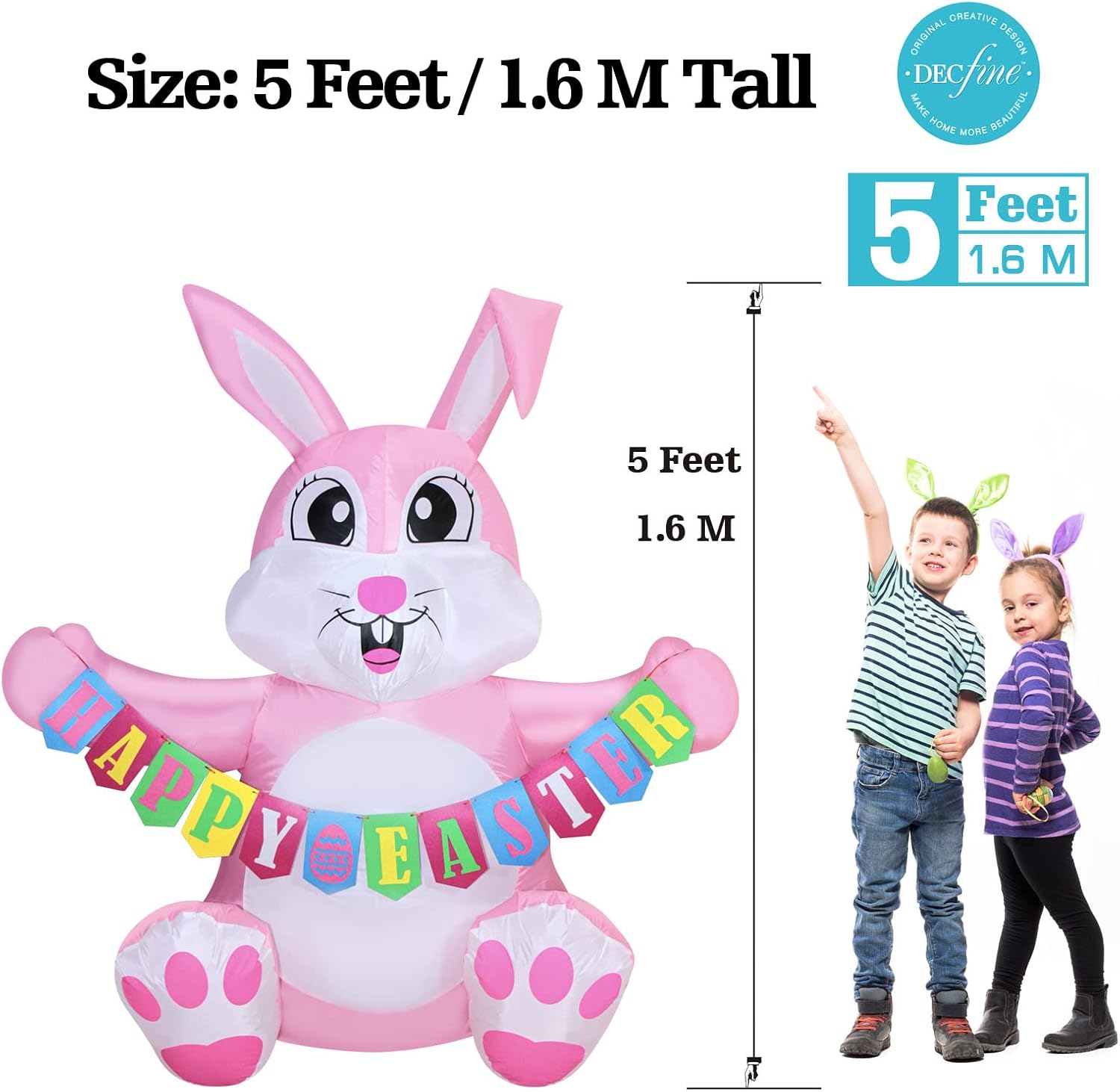 5 Feet Easter Inflatable Pink Bunny Holds Happy Easter Banner Lighted Blow Up Yard Decoration with Built in Blower Fan and Anchor Ropes