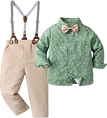 Boarnseorl Baby Boys Pants Sets,Toddler Gentleman Outfits,Infant Long Sleeve Shirt + Pants + Bow Tie + Suspenders